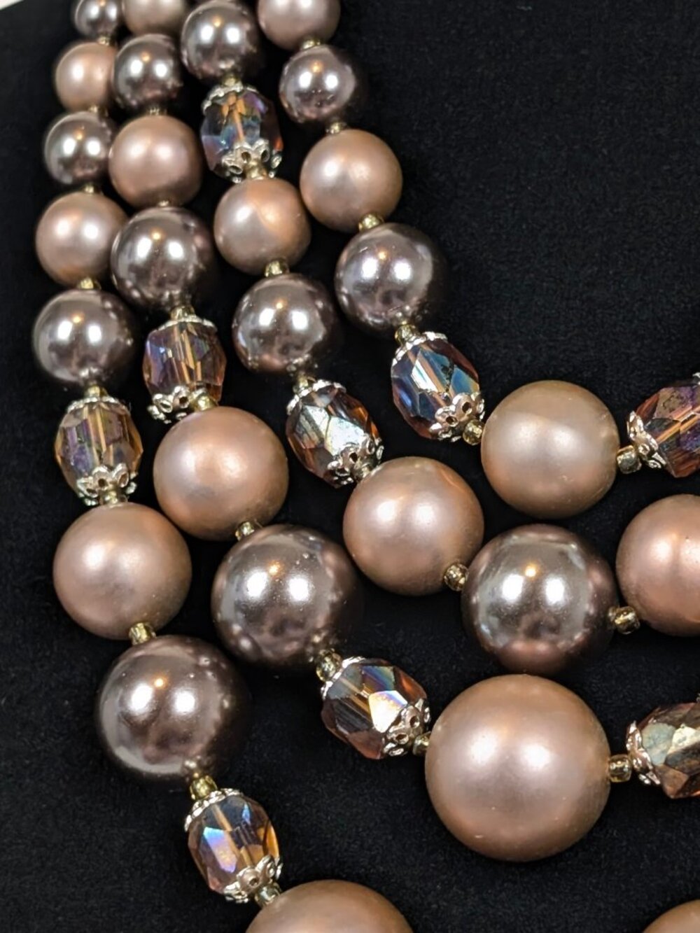 Vintage 4-Strand Brown Faux Pearl & Crystal Statement Necklace - Picture 3 of 5